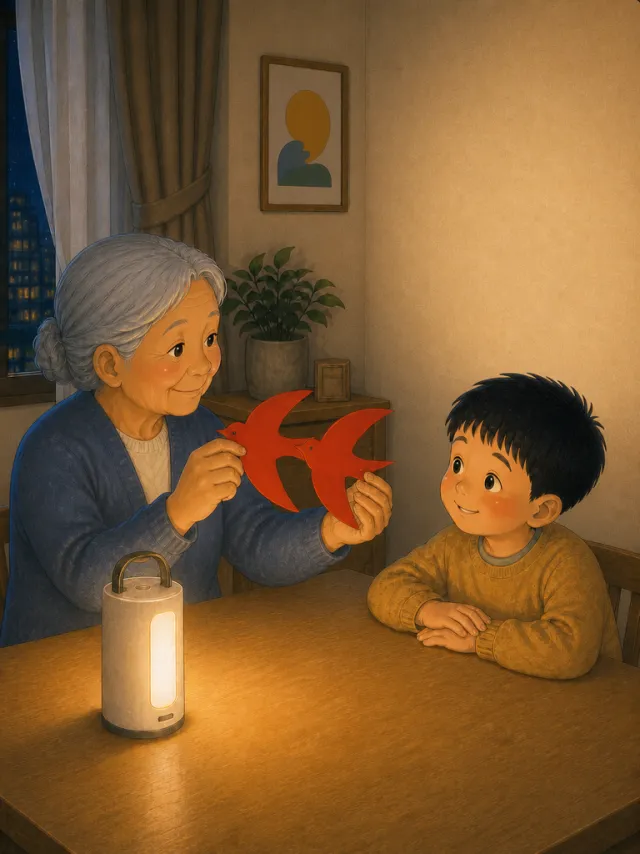 Illustration from Grandma Cut the Night into Shapes: lamplight gathering as grandma trims the dark