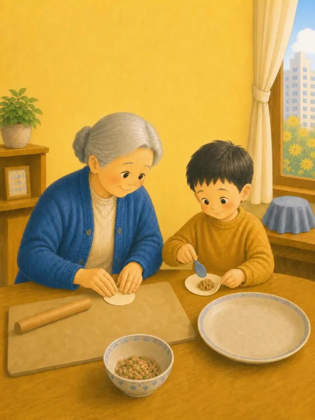 Illustration from A Home for the Last Spoonful of Filling: hands folding a wrapper around the last spoonful