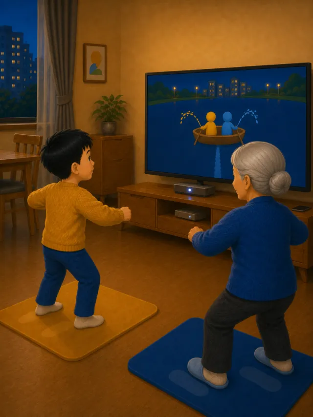 Illustration from Grandma Rows a Boat on TV: grandma and the boy rowing out across the bright screen