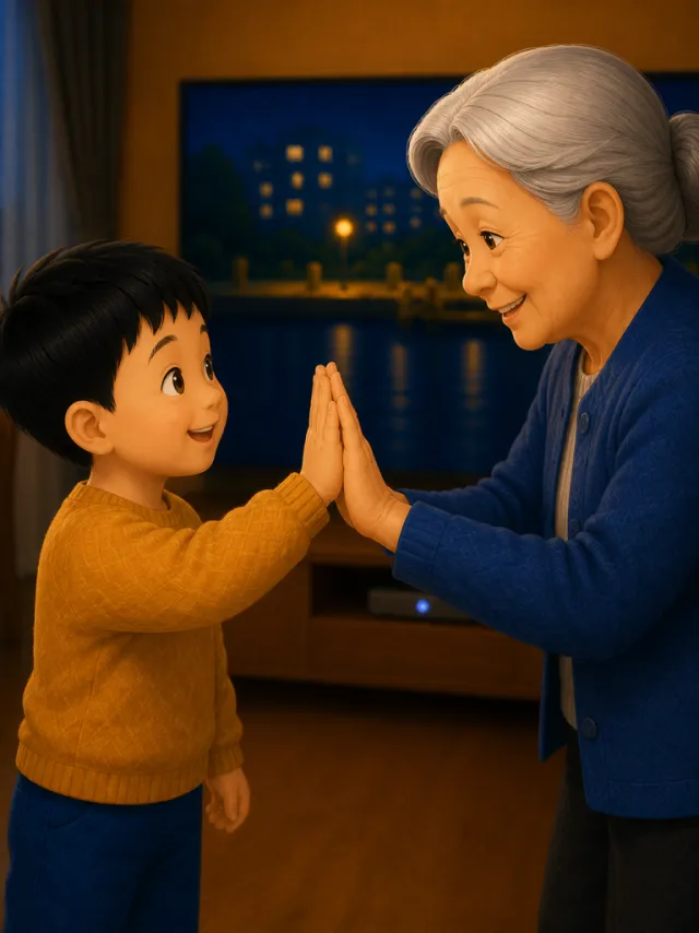 Illustration from Grandma Rows a Boat on TV: the little boat riding a slow water-wave of light